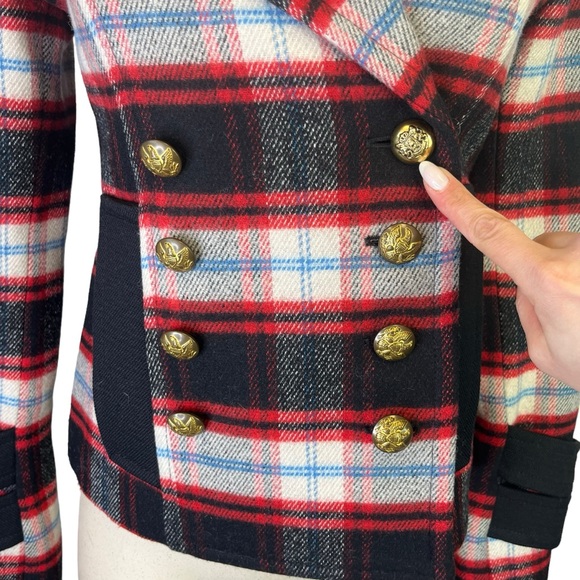 SMYTHE $800 Wool Blend Plaid Pea Coat in Red/Black Size 2 Gold Button Front - Picture 2 of 8